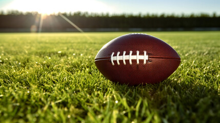Close up shot of a brown leather football ball on grass football field American football 