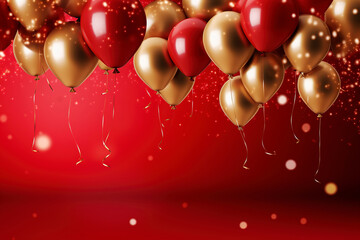Celebration party banner background with red, gold balloons, carnival, festival or birthday balloon red background, red celebration background template, Illustrations for advertising, generative ai - 634182058