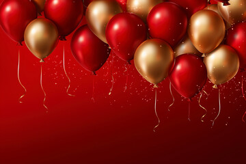 Celebration party banner background with red, gold balloons, carnival, festival or birthday balloon red background, red celebration background template, Illustrations for advertising, generative ai - 634182070