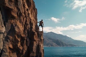 Young man stands on a cliff and looks at the sea with copy paste. Beautiful landscape.