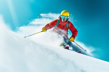 Skier with poles in colorful suit skis on snow with copy space.