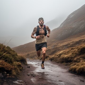 Young man runs on a mountain in the mud carrying a backpack. Foggy weather.