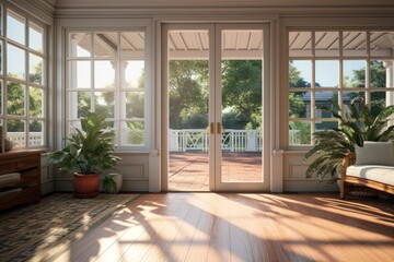 A sunroom with modern wooden French doors, inviting in the daylight. Generative AI