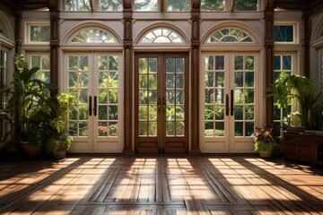 Fototapeta na wymiar Daylight Haven: A Sunroom Featuring Modern Wooden French Doors Illuminating the Space. Generative AI