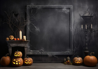 Halloween concept. Pumpkins and decoration. Copy space frame. Halloween party spooky greeting card.