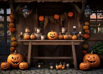 Obraz premium Halloween concept. Pumpkins and decoration. Copy space. Halloween party spooky greeting card.