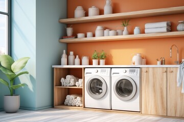 A laundry room with modern wooden cabinets and storage solutions. Generative AI
