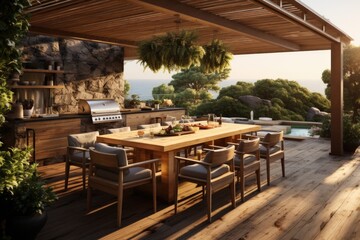 An outdoor kitchen with a modern wooden pergola and dining area. Generative AI