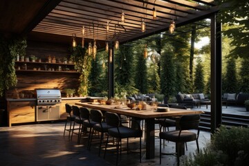 Fototapeta na wymiar An outdoor kitchen with a modern wooden pergola and dining area. Generative AI