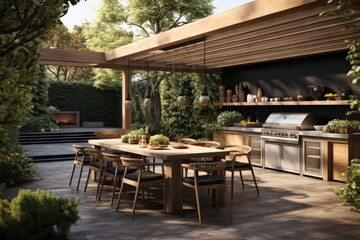 Fototapeta na wymiar An outdoor kitchen with a modern wooden pergola and dining area. Generative AI