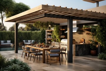 An outdoor kitchen with a modern wooden pergola and dining area. Generative AI