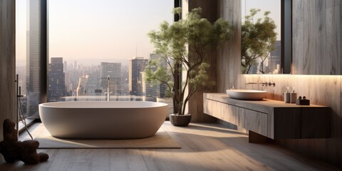 Contemporary Bath Retreat: Modern Bathroom with Wooden Floor Standing Bathtub and Sink. Generative AI