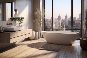 Contemporary Bath Retreat: Modern Bathroom with Wooden Floor Standing Bathtub and Sink. Generative AI