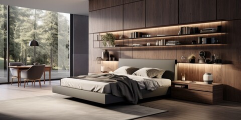 A guest bedroom with a modern wooden wall bed and matching furnishings. Generative AI