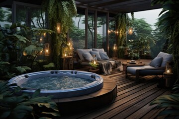 Spa Retreat: Home Spa with Wooden Decking, Modern Seating, and Inviting Hot Tub. Generative AI
