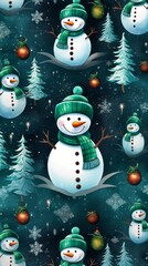 Pattern snowman with hat and scarf with Christmas tree. New Year and Christmas concept. Dark background.