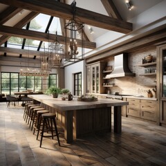 Opulent Culinary Space: Luxury Kitchen with Wooden Ceiling Beams and Modern Pendant Lighting. Generative AI