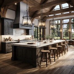 Opulent Culinary Space: Luxury Kitchen with Wooden Ceiling Beams and Modern Pendant Lighting. Generative AI