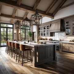 Gourmet Elegance: A Kitchen featuring Wooden Ceiling Beams and Contemporary Pendant Lighting. Generative AI