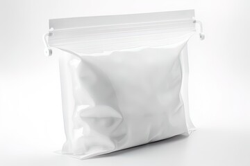 Blank white plastic bag with zip-lock mockup on white background. Generative AI