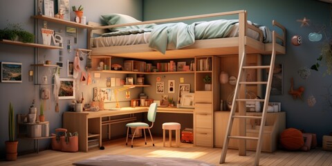 Obraz na płótnie Canvas Wooden Haven: Child's Bedroom featuring Modern Loft Bed and Study Desk in Wood. Generative AI