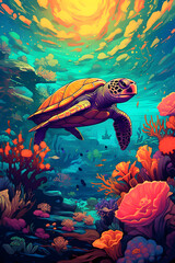 Sea turtle swimming in the ocean between coral reef