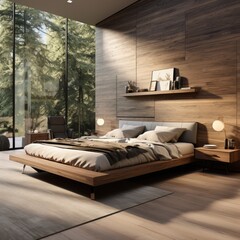Modern Retreat: A Master Bedroom with a Wooden Bed Frame, Nightstands, and Soft Lighting. Generative AI