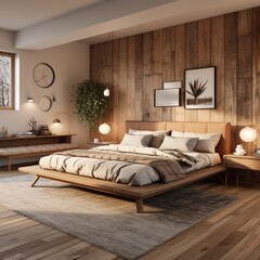 Wooden Elegance: A Master Bedroom Enhanced by a Modern Bed Frame, Bedside Tables, and Gentle Lighting. Generative AI