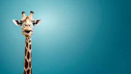 Cute giraffe with happy positive smiling expression. Wide banner copy space on side. Generative AI