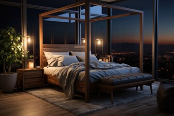 Wooden Elegance: A Master Bedroom Enhanced by a Modern Bed Frame, Bedside Tables, and Gentle Lighting. Generative AI