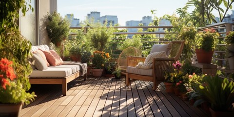 Chic Balcony Setup: Modern Wooden Outdoor Furniture and Potted Plants Creating a Cozy Space. Generative AI