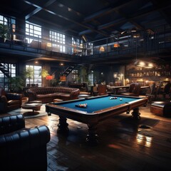 A game room with a wooden pool table and modern leather seating. Generative AI