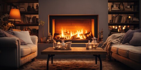 Contemporary Fireside: A Cozy Fireplace with Wooden Mantle Enhancing the Living Room. Generative AI