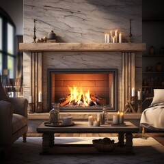 Contemporary Fireside: A Cozy Fireplace with Wooden Mantle Enhancing the Living Room. Generative AI