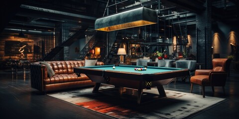 Fototapeta na wymiar A game room with a wooden pool table and modern leather seating. Generative AI