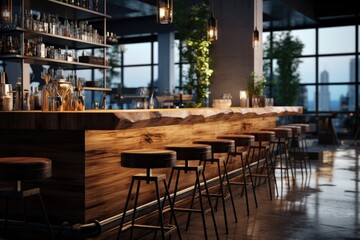A sleek modern bar area with wooden countertops and bar stools. Generative AI