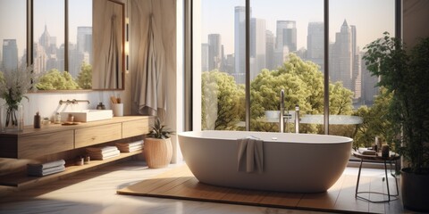 Wooden Elegance: A Modern Bathroom featuring Floor Standing Bathtub and Matching Sink. Generative AI