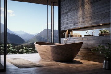 Contemporary Bath Retreat: Modern Bathroom with Wooden Floor Standing Bathtub and Sink. Generative AI