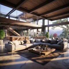 Contemporary Living Space: Modern Open Floor Plan Home with Wooden Beams and Stylish Furnishings. Generative AI