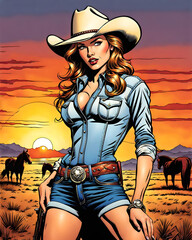 illustration of a sexy pin up cowgirl in comic book style - generative ai