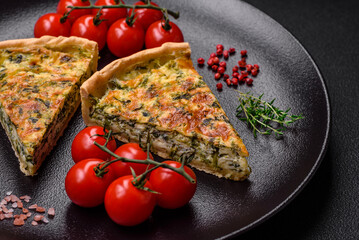 Delicious fresh quiche with broccoli, cheese, spices and herbs cut into pieces