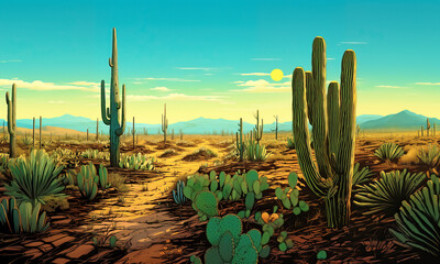 Western desert valley landscape with low vegetation bushes and cacti, a path leading to the big sandstone buttes
