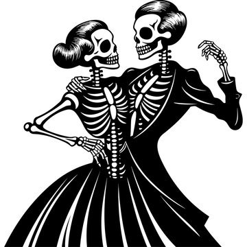 Skeleton couple lovers dancing black silhouette