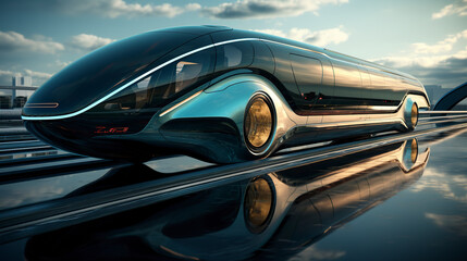 Fototapeta premium Illustration of an ultrasonic, autonomous futuristic bullet train activated for rapid transport, ushering in a new era of speed and self-sufficiency.