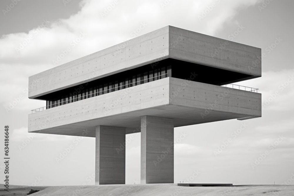 Poster a black and white photo of a building with a large window. generative ai image.