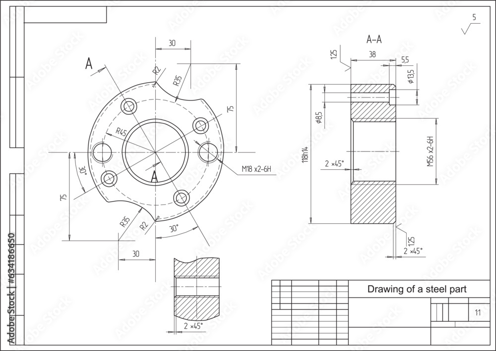 Poster vector drawing of a steel mechanical part with through holes. engineering cad scheme. technical back