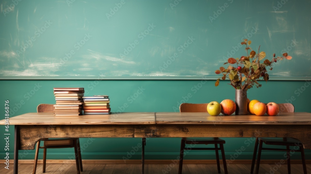Poster a table with books and a vase of flowers. generative ai image.