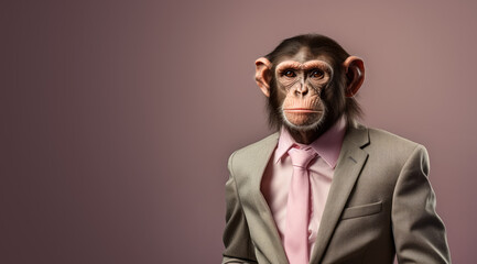 Obraz premium Ape or monkey in smart business suit and tie, looking serious businessman. Wide banner with copy space on side. Generative AI