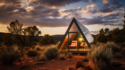 minimalist tiny house standing alone in the vast desert landscape, sunset in the mountains, warm light, magical atmospheres for your holiday disconnection, AI