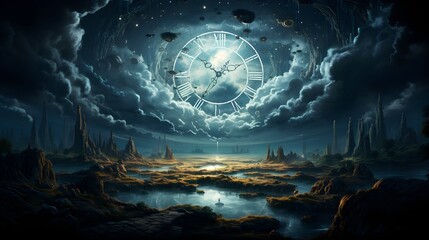 Fantasy landscape mystic clock night - obrazy, fototapety, plakaty